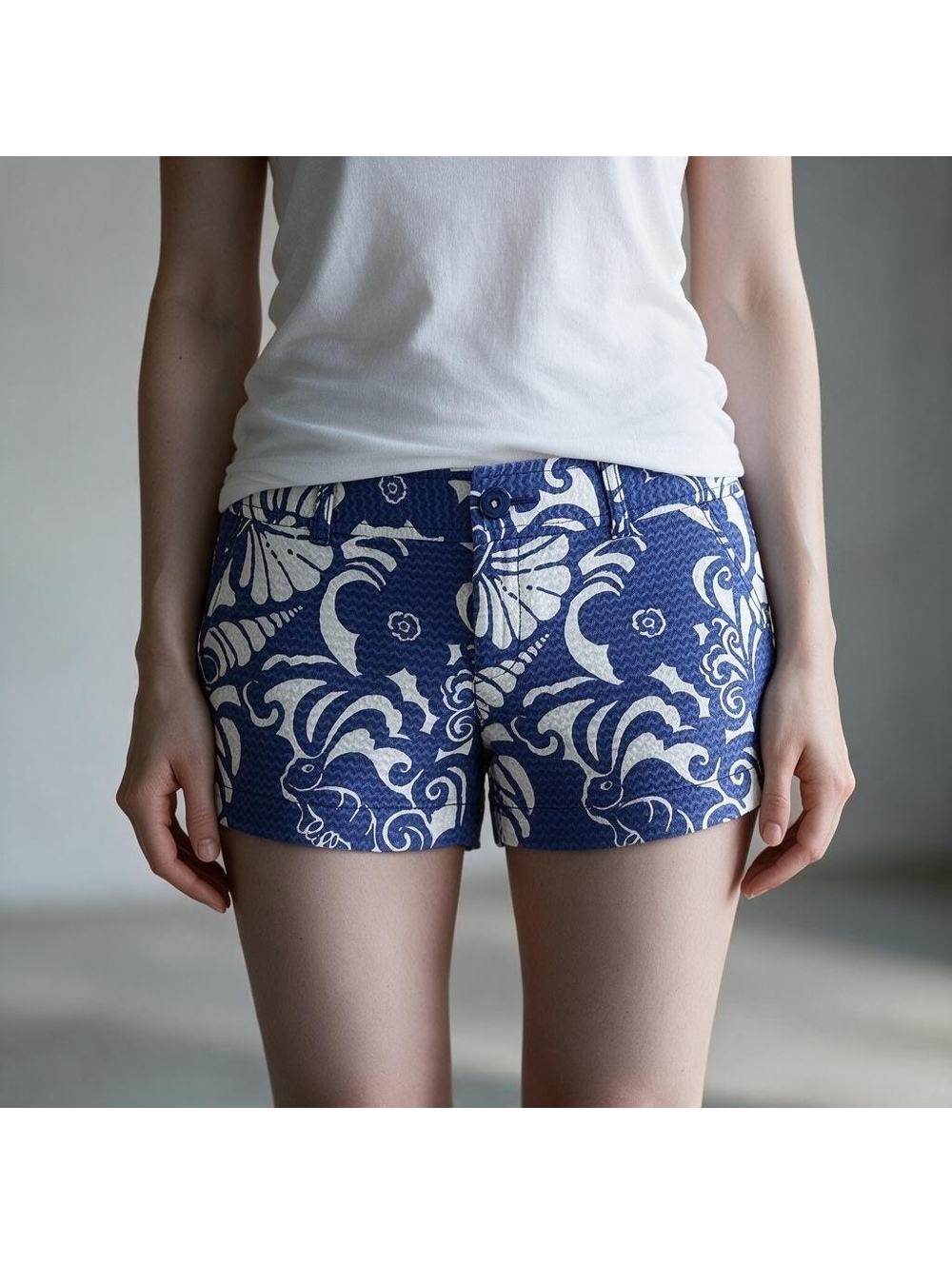 Lilly Pulitzer Walsh Navy Blue White Seahorse Seashell Print Resort Shorts Sz 6